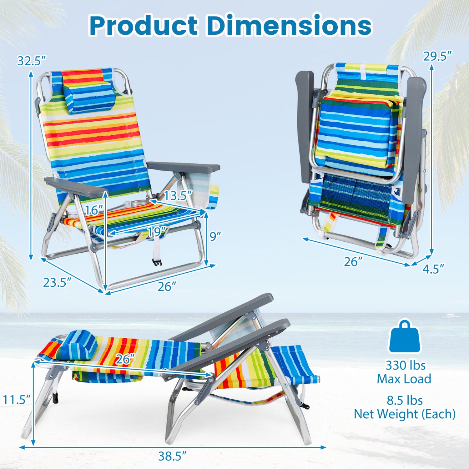 Beach Chairs Set of 2 Portable Folding Backpack Recliners with 5-Position Backrest and Padded Headrest