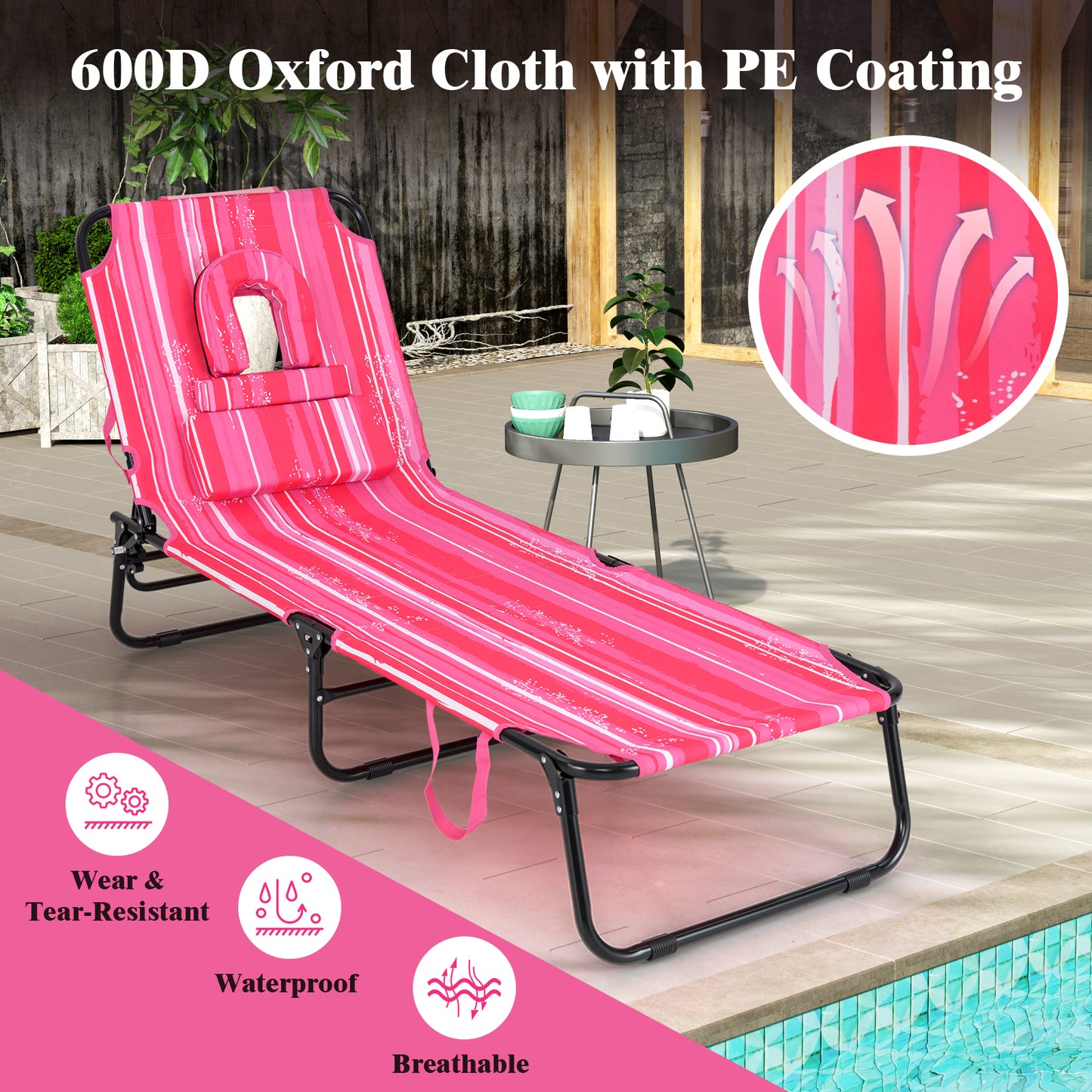 Beach Chaise Lounge Chair with Face Hole and Removable Pillow-Hot Pink