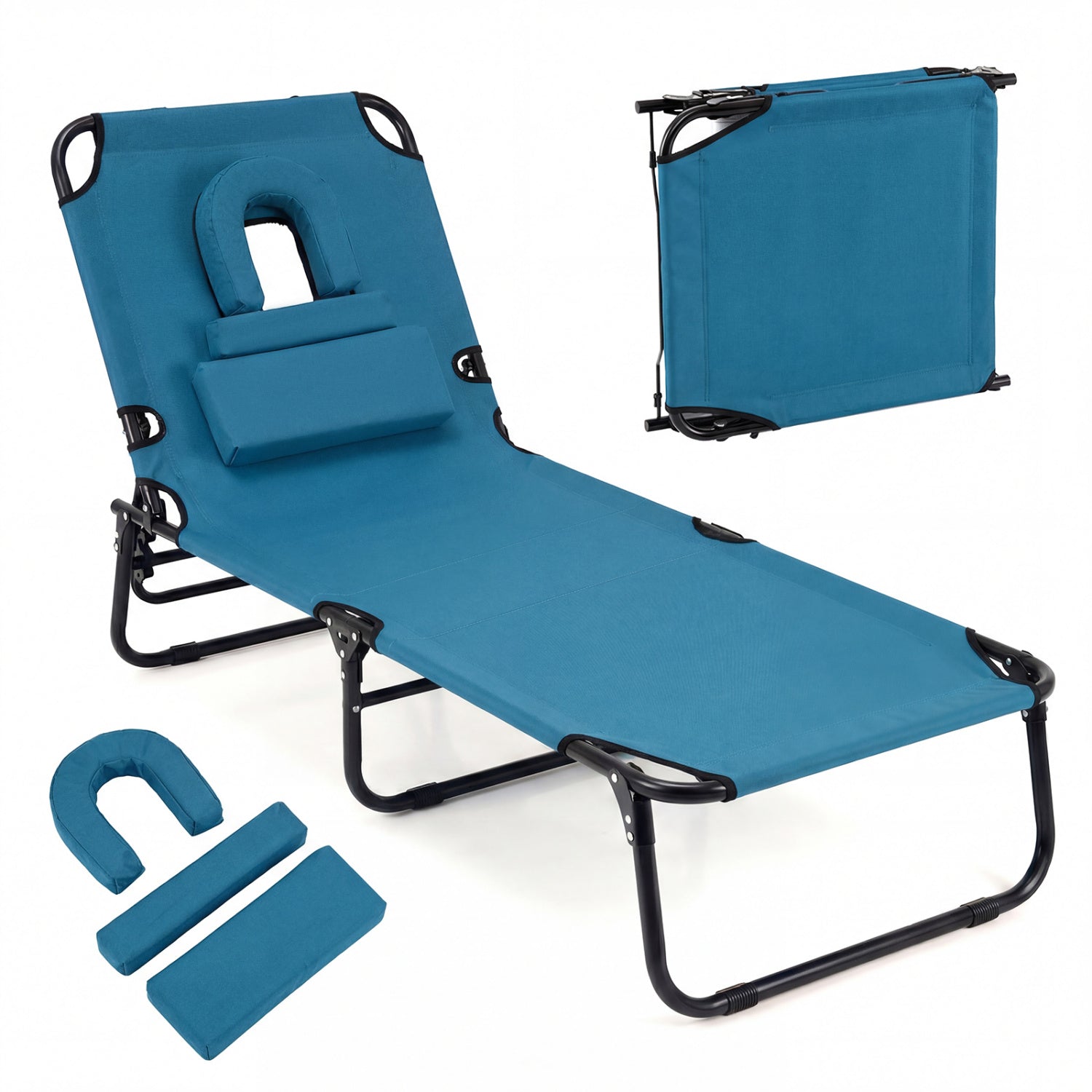 Beach Chaise Lounge Chair with Face Hole and Removable Pillow-Turquoise - Blue