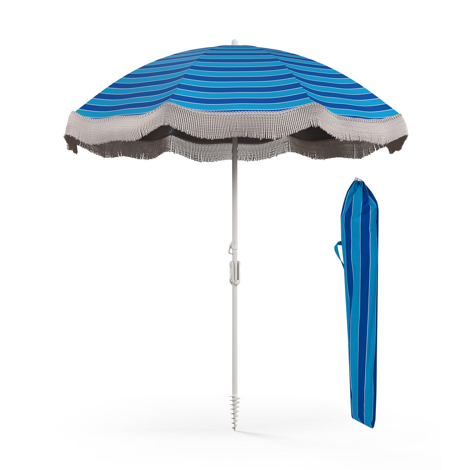 6.5 FT Beach Umbrella with Fringe Outdoor Tassel Umbrella with Push Button Tilt-Green - Navy