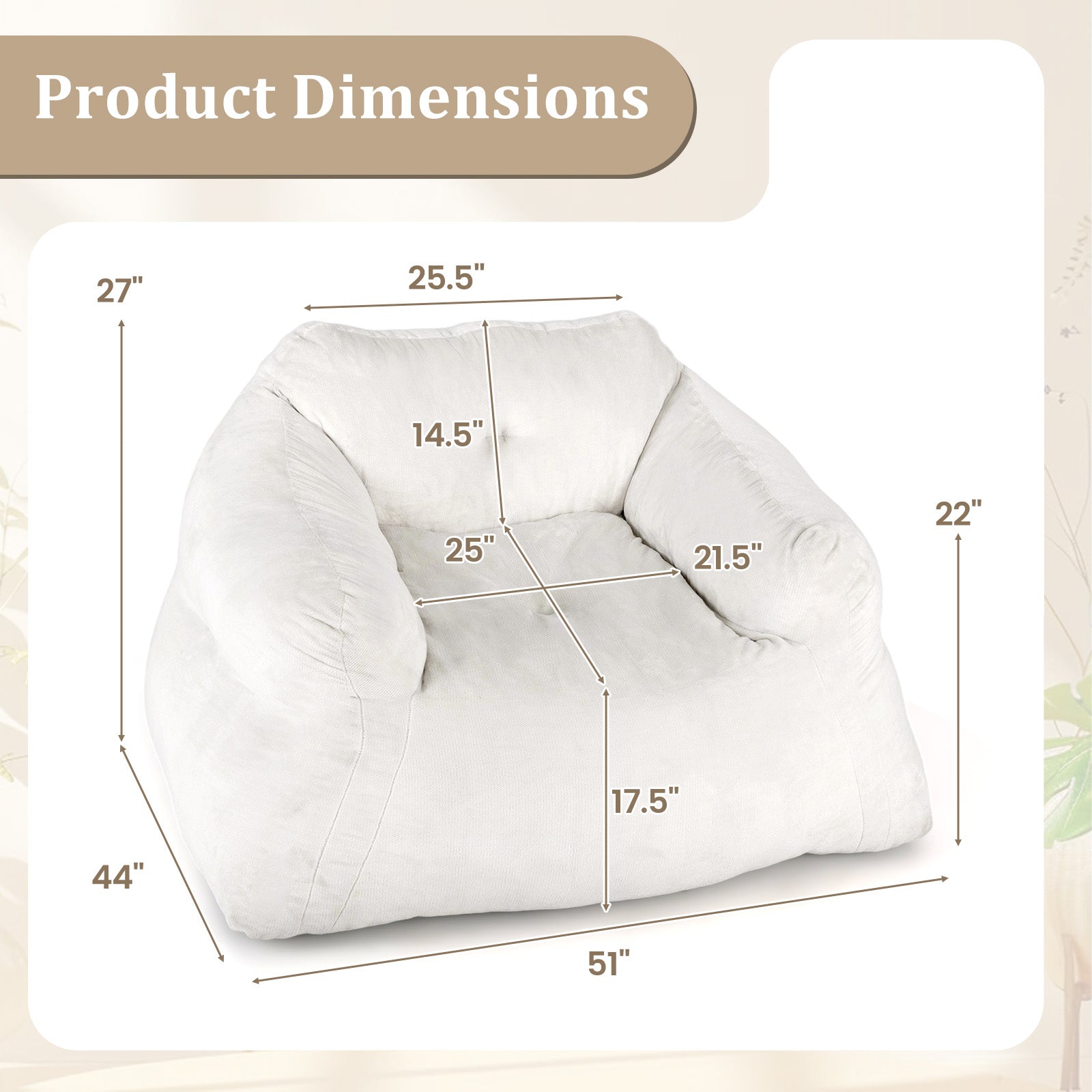 Bean Bag Chair Plush Lazy Sofa with Ultra-soft Velvet Cover-Beige