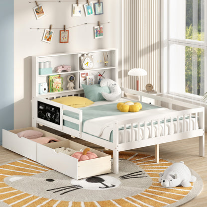 Twin/Full Size Bed Frame with 2 Drawers and Bookcase for Boys and Girls