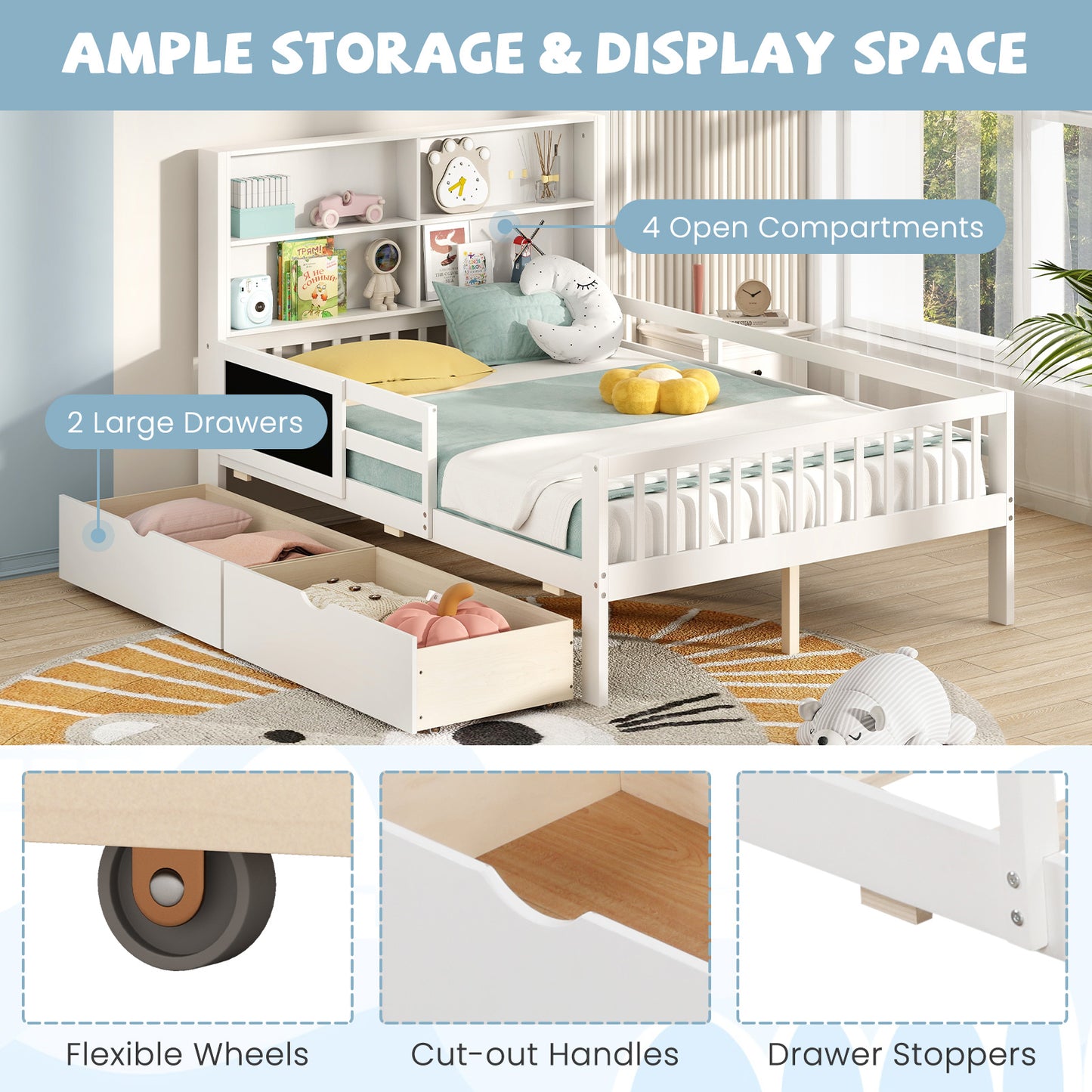 Twin/Full Size Bed Frame with 2 Drawers and Bookcase for Boys and Girls