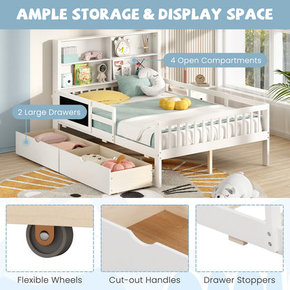 Twin/Full Size Bed Frame with 2 Drawers and Bookcase for Boys and Girls