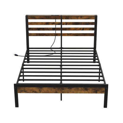 Full/Queen Size Bed Frame with Charging Station and Storage Headboard