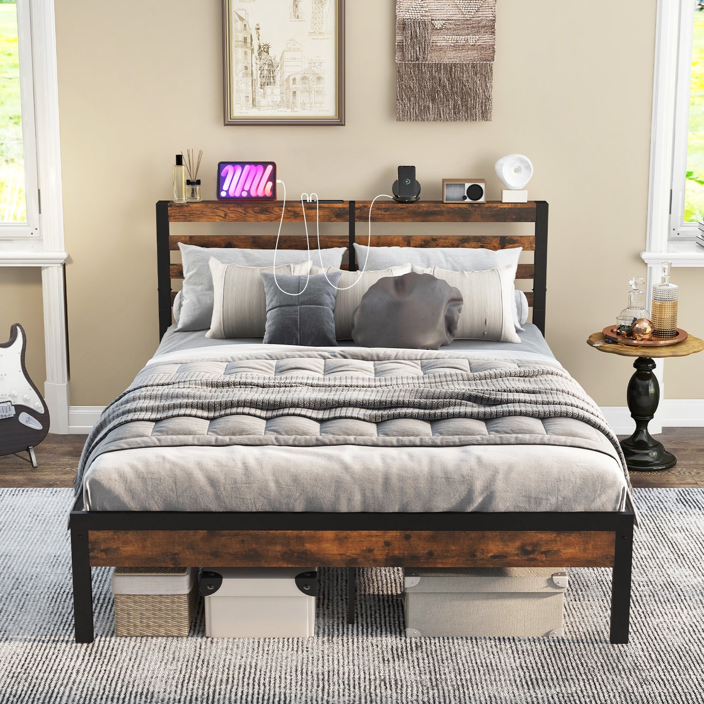 Full/Queen Size Bed Frame with Charging Station and Storage Headboard