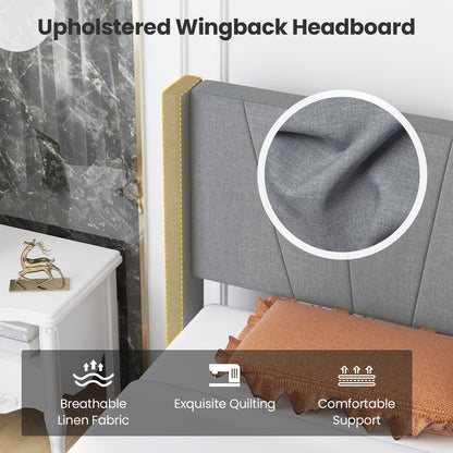 Twin/Queen Bed Frame with Linen Upholstered Wingback Headboard