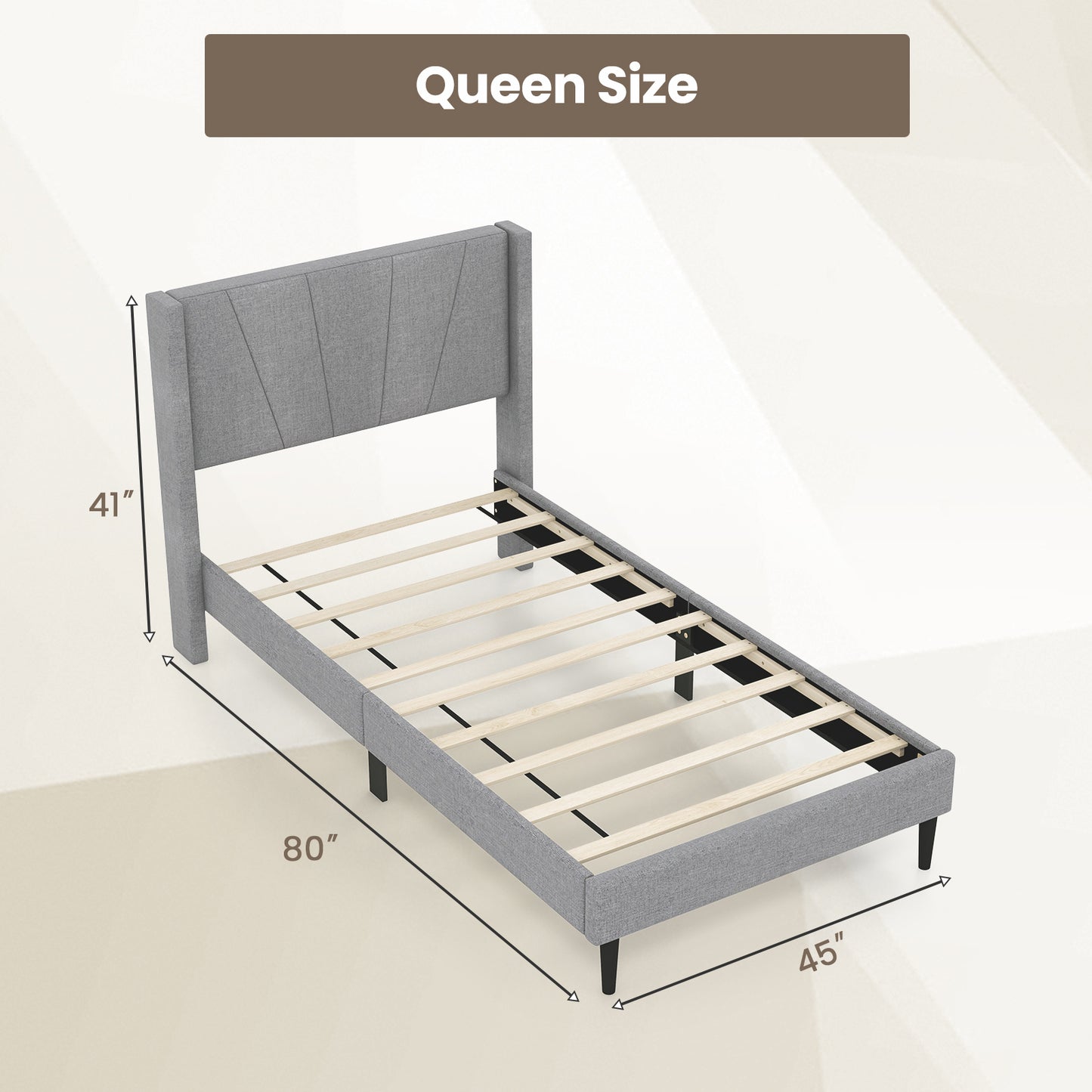Twin/Queen Bed Frame with Linen Upholstered Wingback Headboard