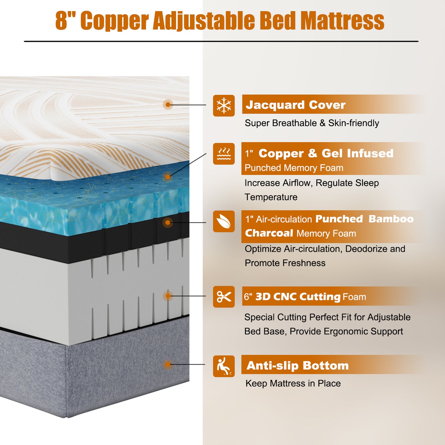 Bed Mattress Memory Foam Twin Size with Jacquard Cover for Adjustable Bed Base-8 inches