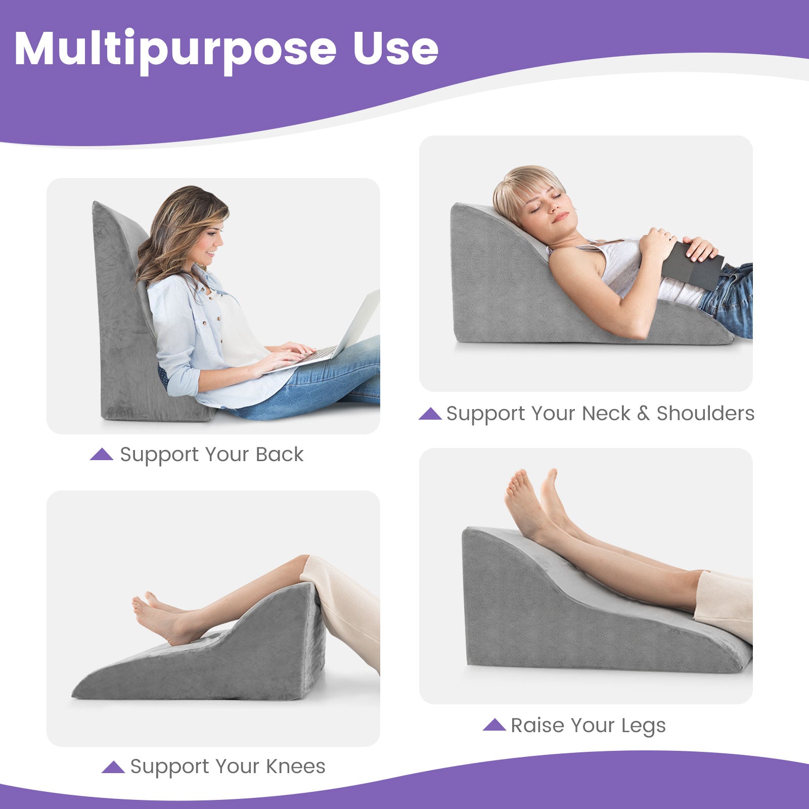 Bed Wedge Pillow Back Support Triangle Reading Pillow with Detachable Cover-Gray