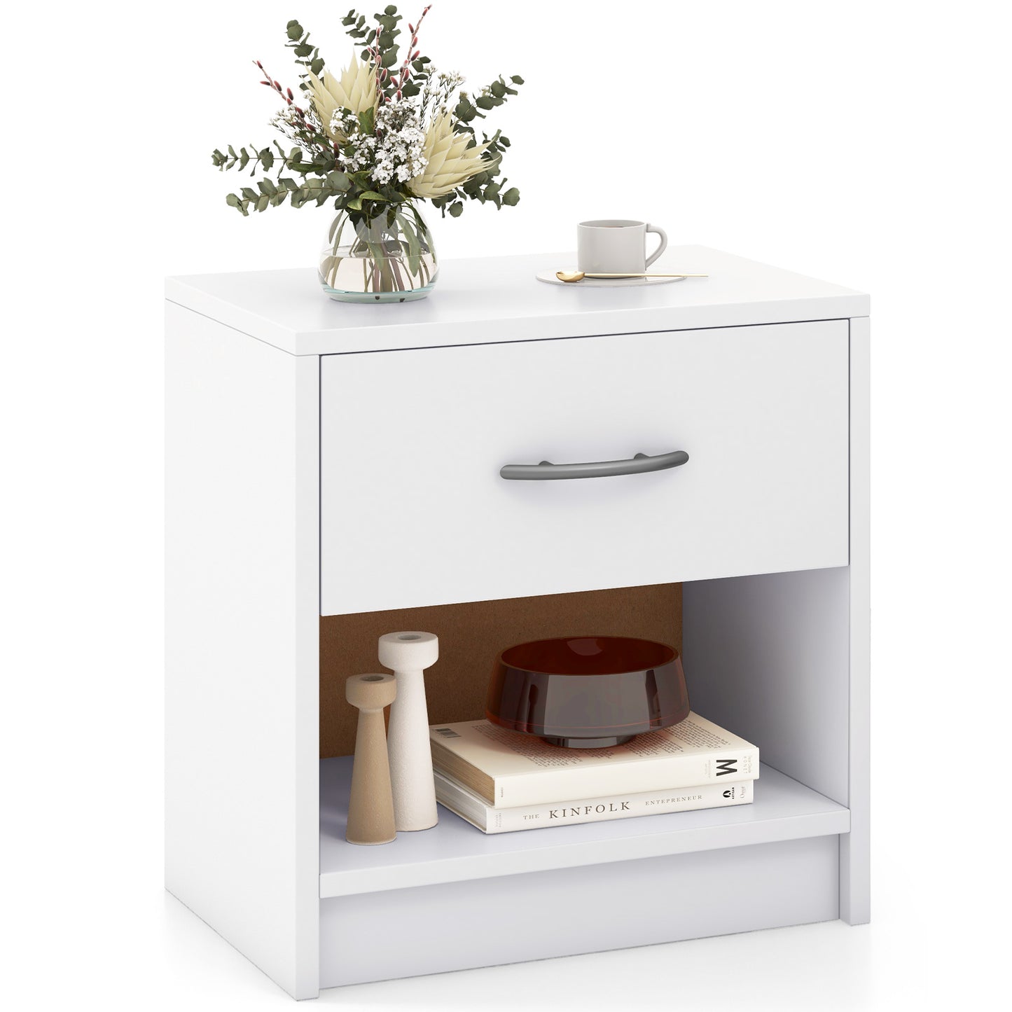 Bedside Table Nightstand with Drawer and Open Storage Shelf-White - White