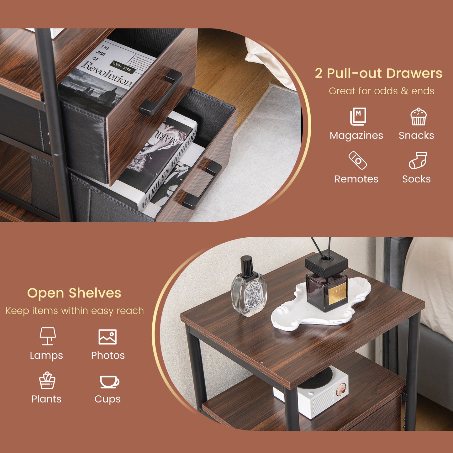 Bedside Table Set of 2 with Removable Fabric Drawers and Metal Frame-Walnut