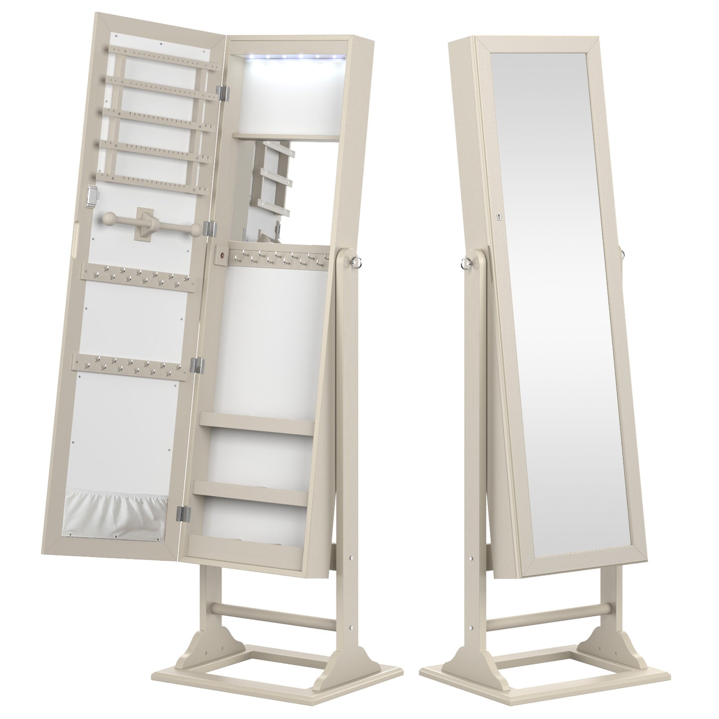 Freestanding Lockable Jewelry Armoire with Full-Length Mirror and 6 LED Lights-Beige