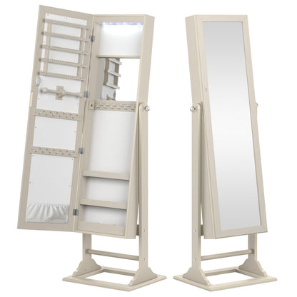 Freestanding Lockable Jewelry Armoire with Full-Length Mirror and 6 LED Lights-Beige