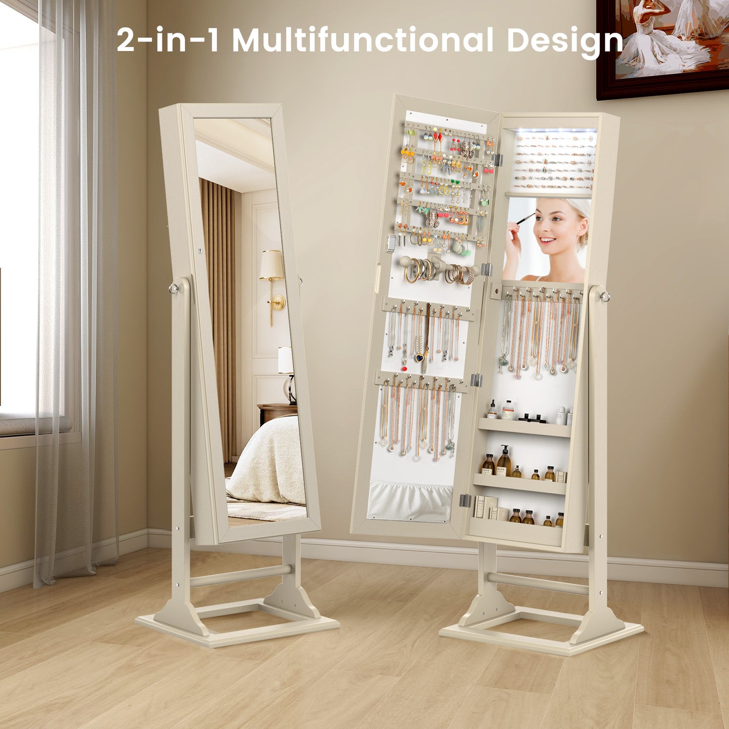 Freestanding Lockable Jewelry Armoire with Full-Length Mirror and 6 LED Lights-Beige