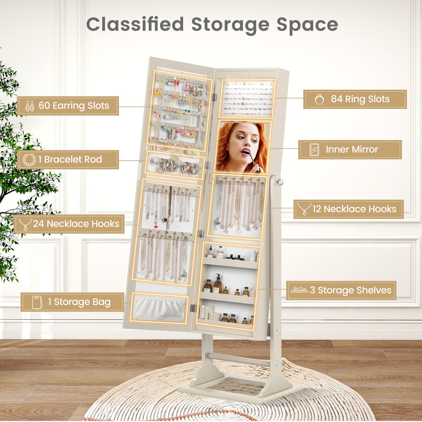 Freestanding Lockable Jewelry Armoire with Full-Length Mirror and 6 LED Lights-Beige