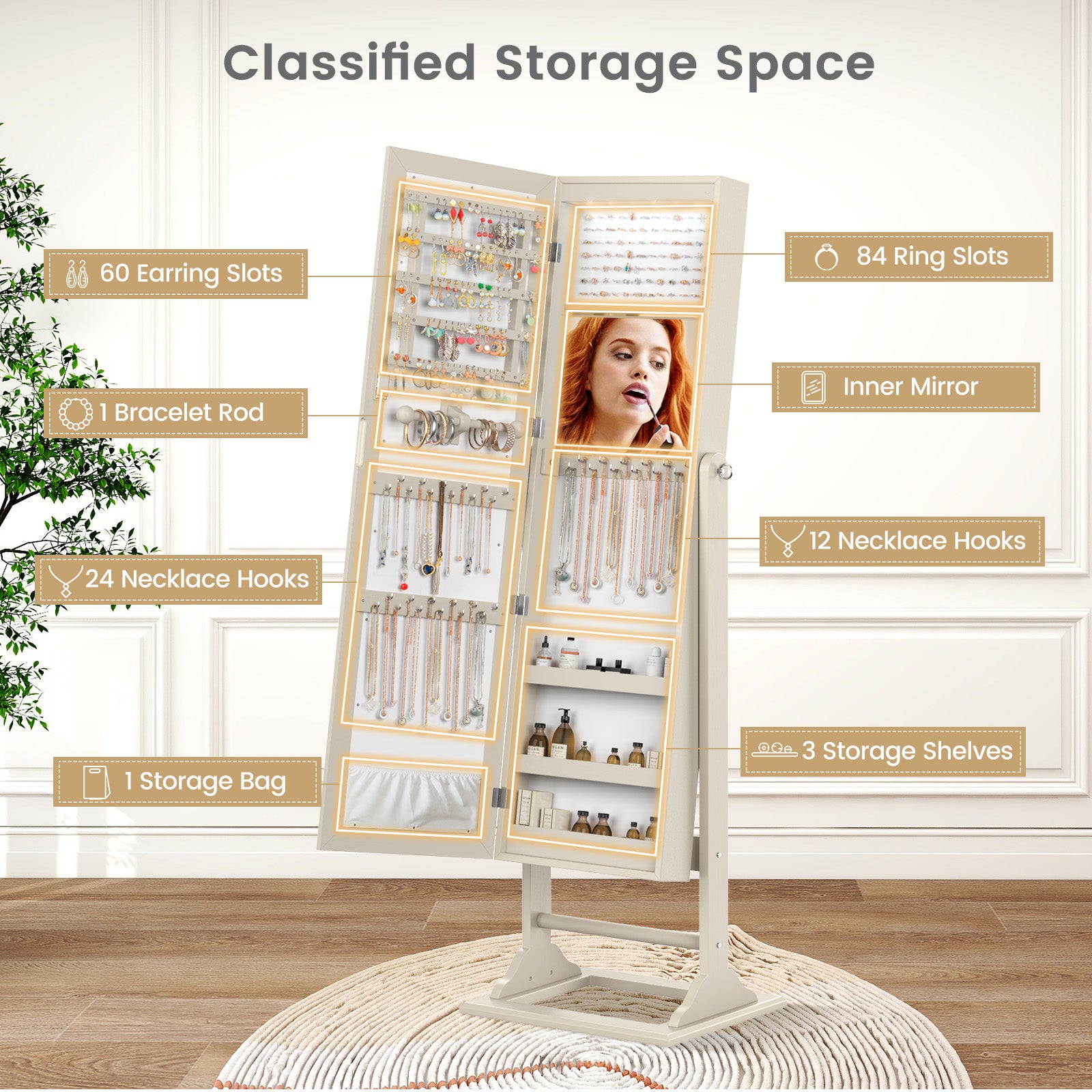 Freestanding Lockable Jewelry Armoire with Full-Length Mirror and 6 LED Lights-Beige