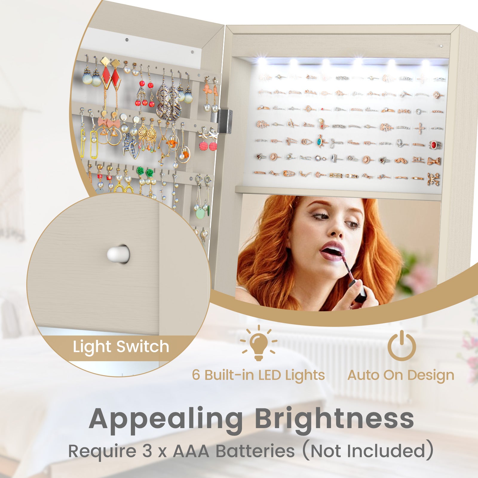Freestanding Lockable Jewelry Armoire with Full-Length Mirror and 6 LED Lights-Beige