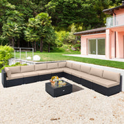 10 Piece Outdoor Wicker Conversation Set with Seat and Back Cushions-Beige