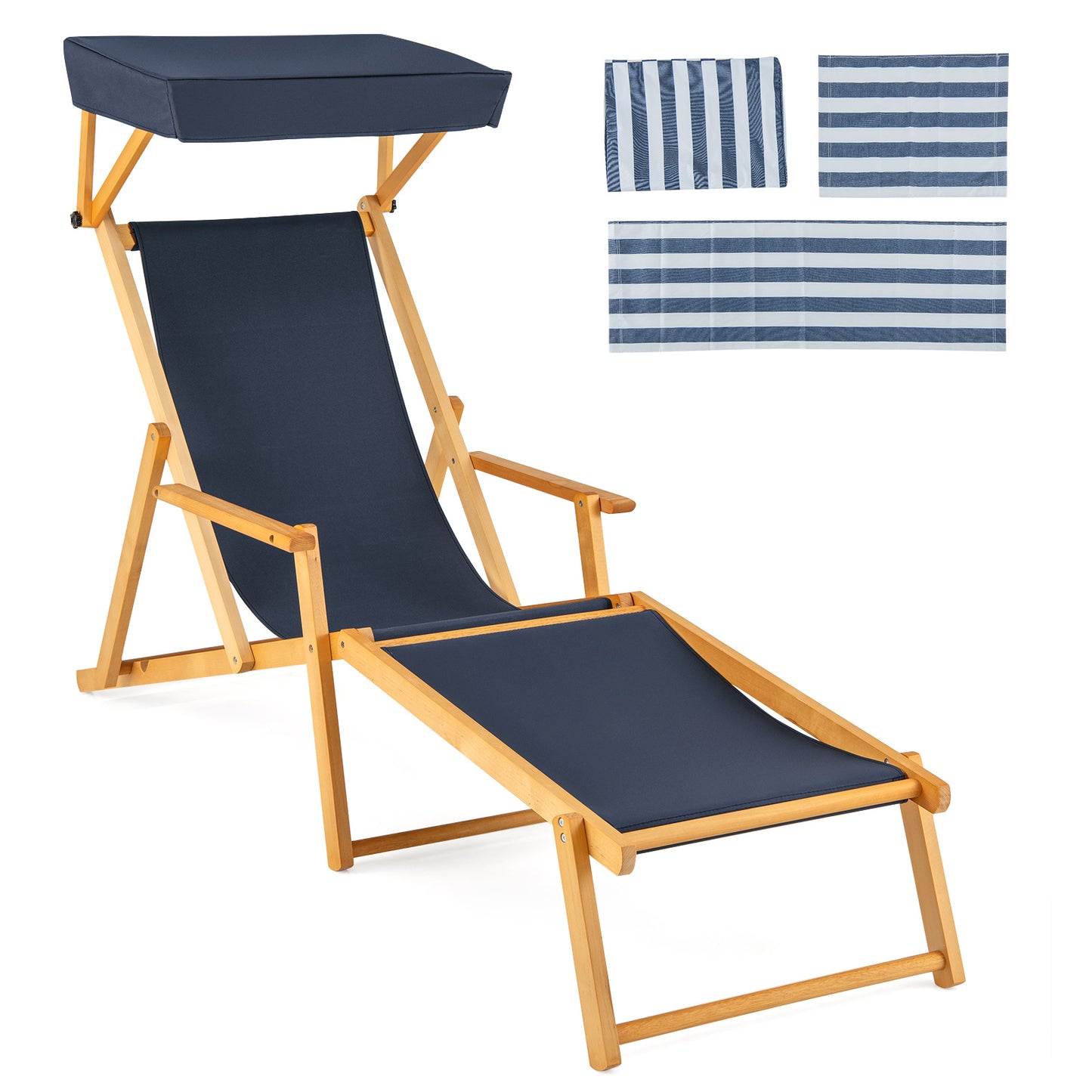 Birch Wood Chaise Lounge Chair Foldable Beach Chair with Adjustable Canopy-Navy - Navy