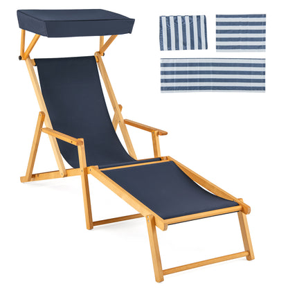 Birch Wood Chaise Lounge Chair Foldable Beach Chair with Adjustable Canopy-Navy - Navy