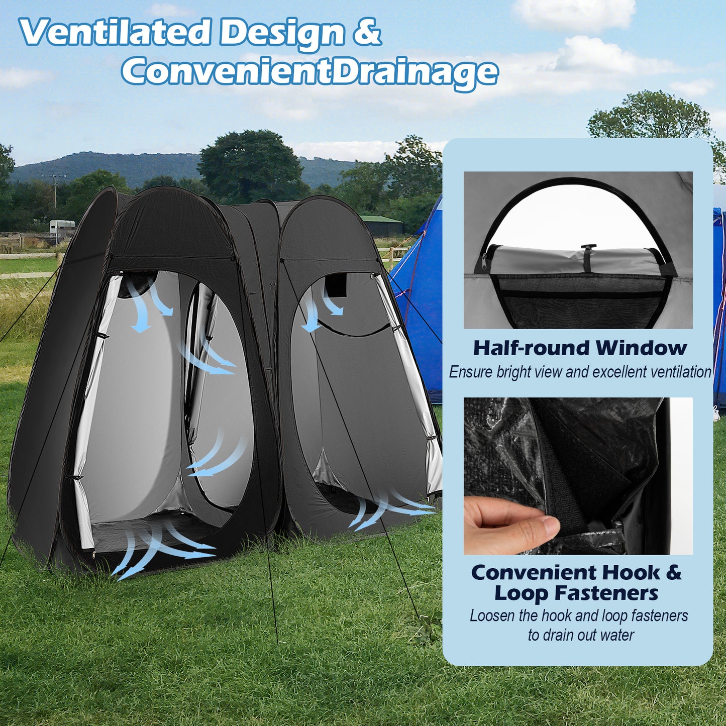 Oversized Pop Up Shower Tent with Window Floor and Storage Pocket-Black