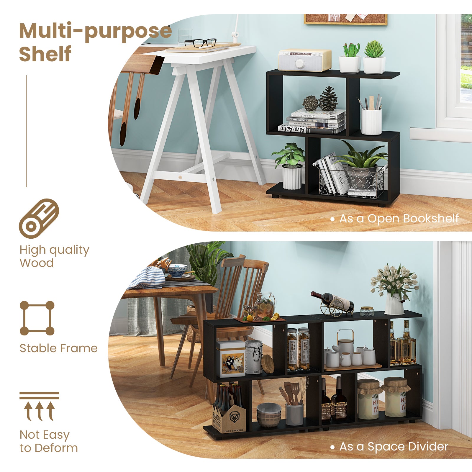 24 Inch 3-Tier Geometric Bookshelf with Thick Foot Pads-Black