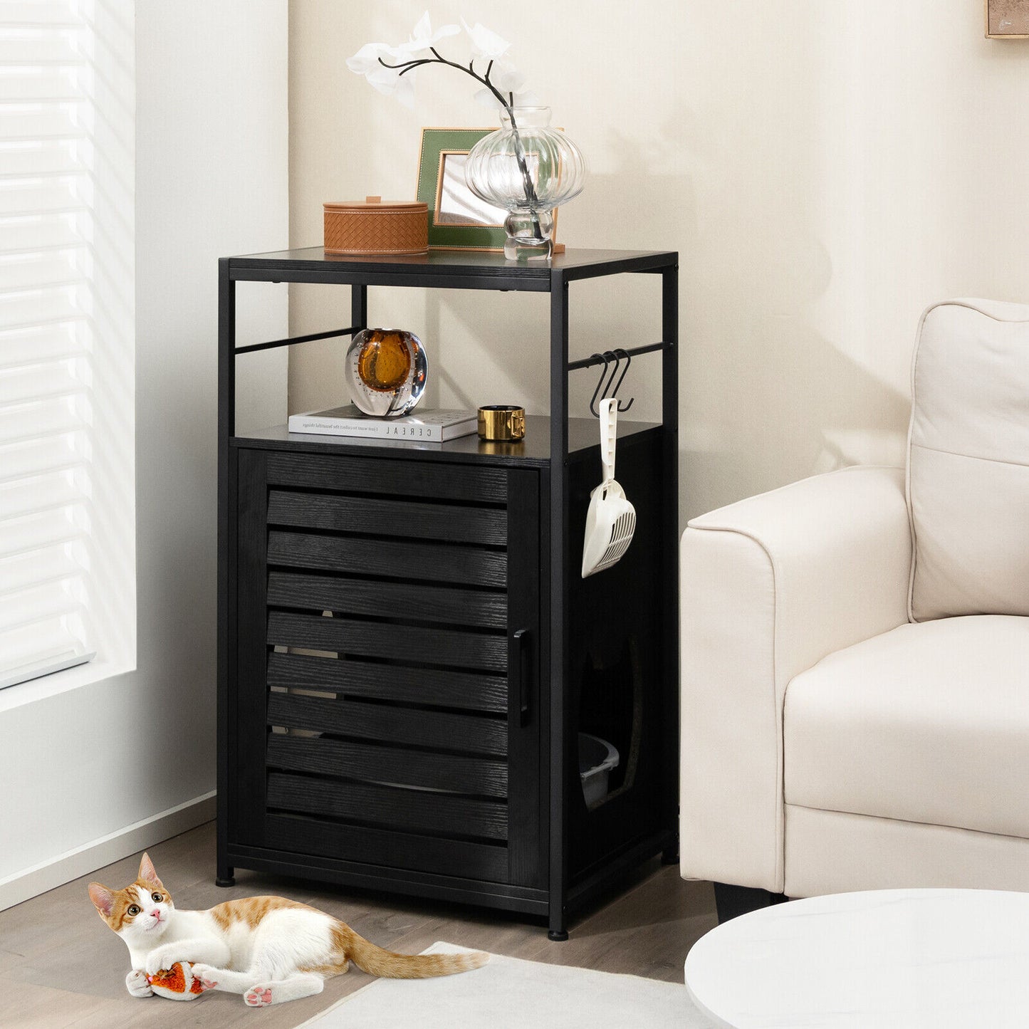 Cat Litter Box Enclosure with Louvered Door and 3-Tier Shelf-Black