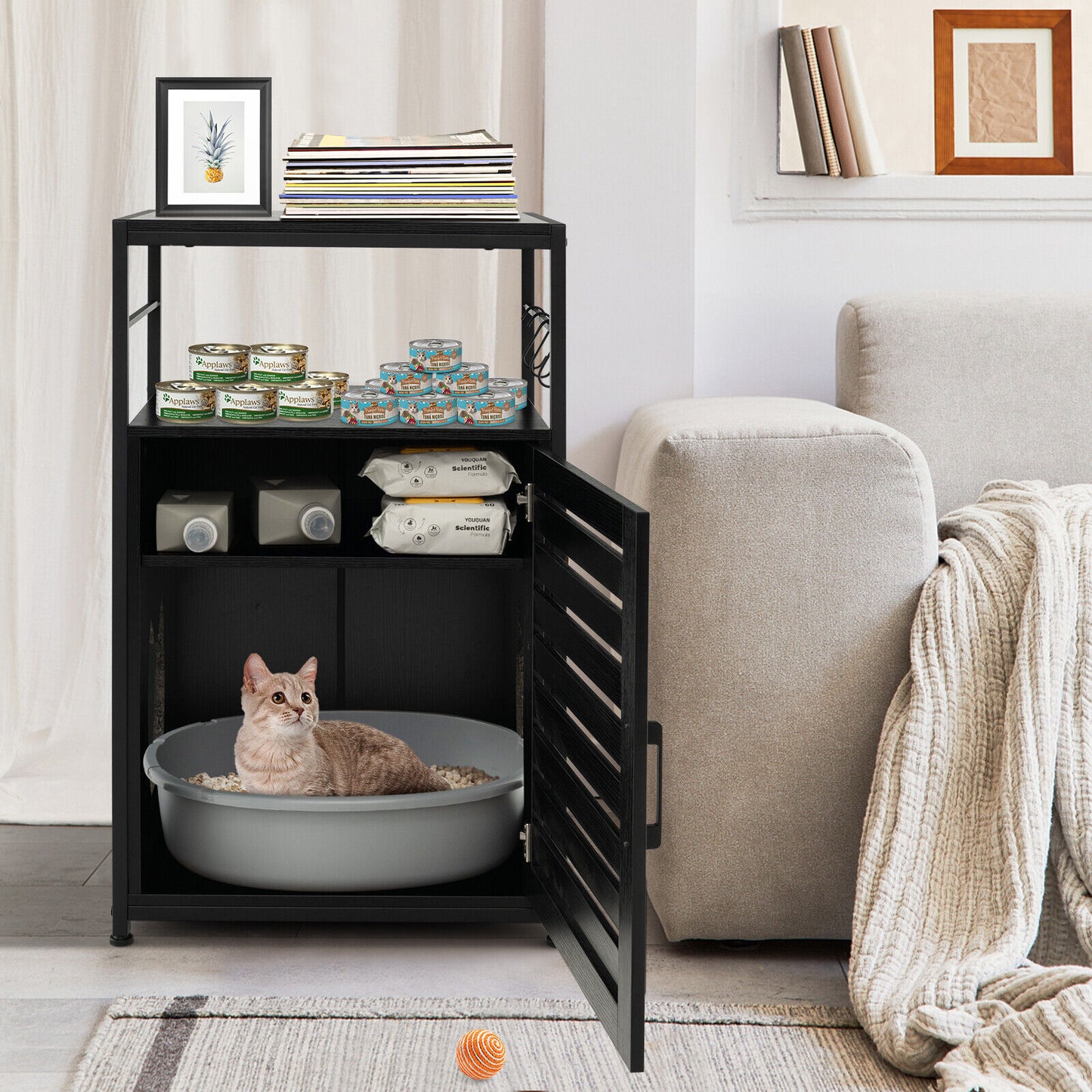 Cat Litter Box Enclosure with Louvered Door and 3-Tier Shelf-Black