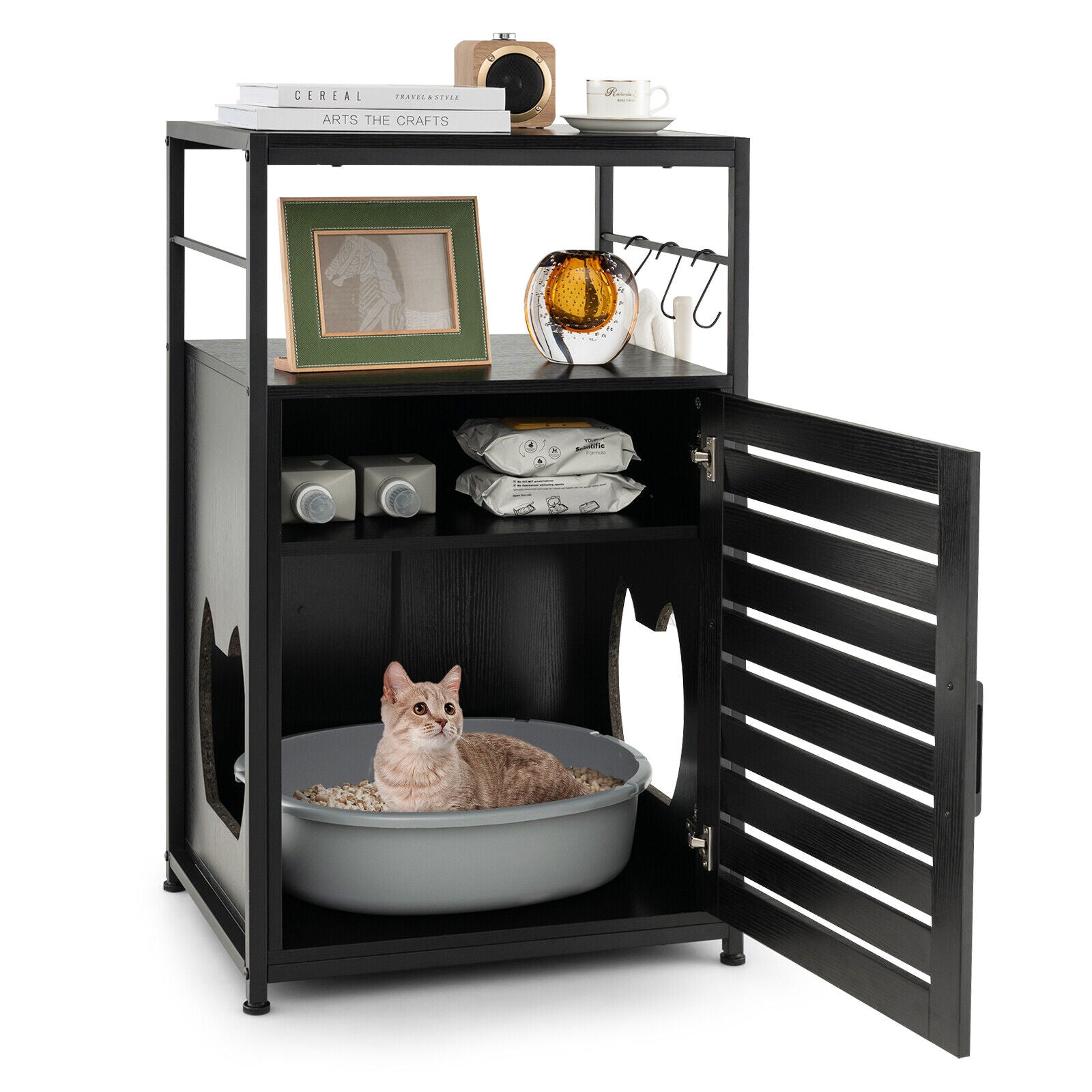 Cat Litter Box Enclosure with Louvered Door and 3-Tier Shelf-Black