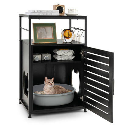 Cat Litter Box Enclosure with Louvered Door and 3-Tier Shelf-Black