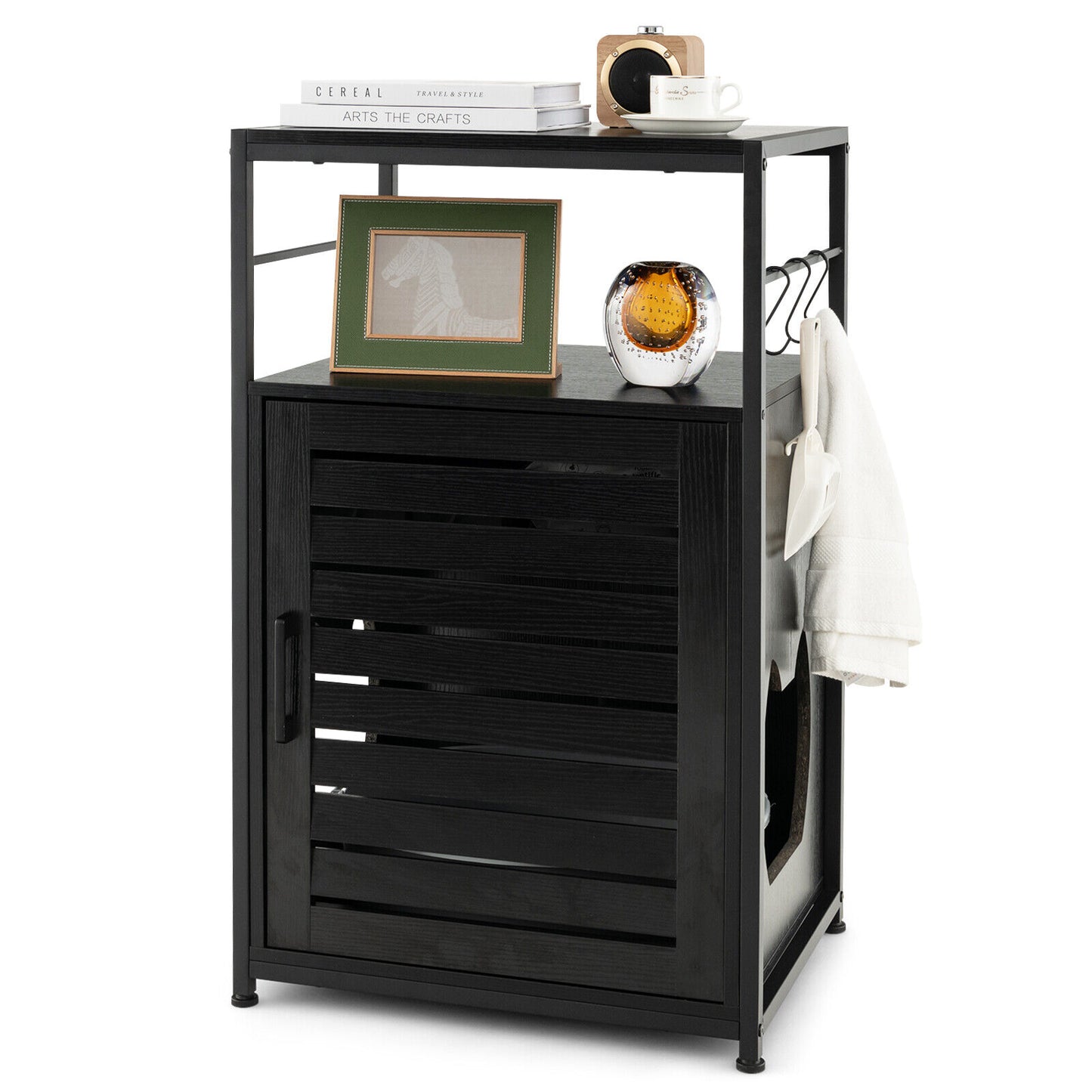 Cat Litter Box Enclosure with Louvered Door and 3-Tier Shelf-Black
