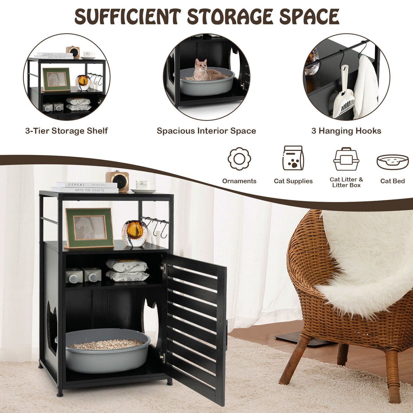 Cat Litter Box Enclosure with Louvered Door and 3-Tier Shelf-Black