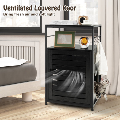 Cat Litter Box Enclosure with Louvered Door and 3-Tier Shelf-Black