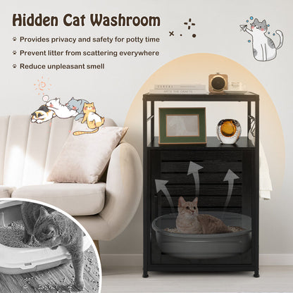 Cat Litter Box Enclosure with Louvered Door and 3-Tier Shelf-Black