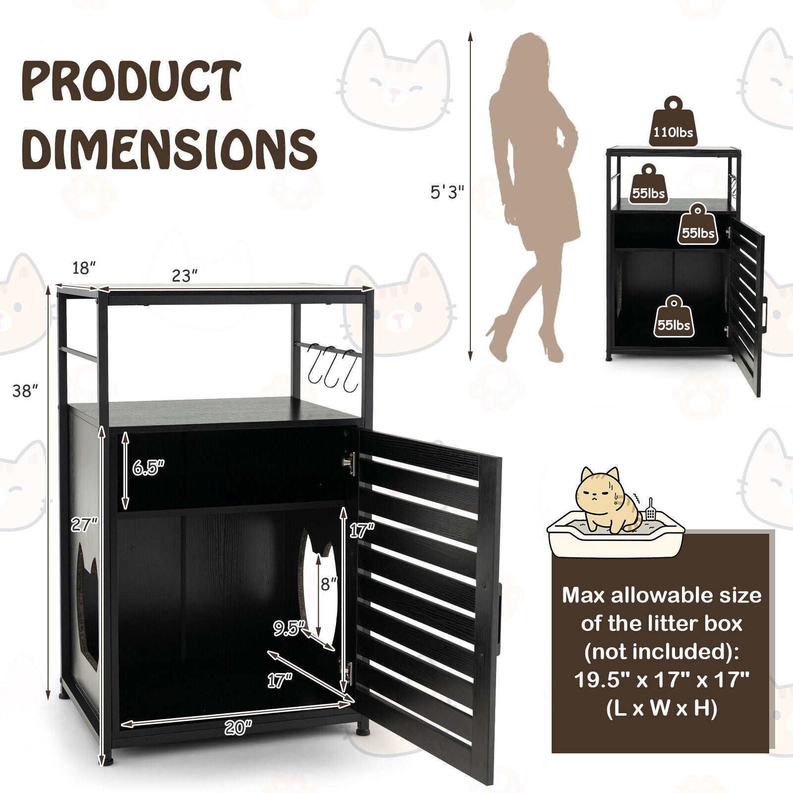 Cat Litter Box Enclosure with Louvered Door and 3-Tier Shelf-Black
