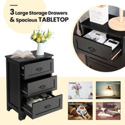 3 Drawers End Storage Wood Side Nightstand-Black