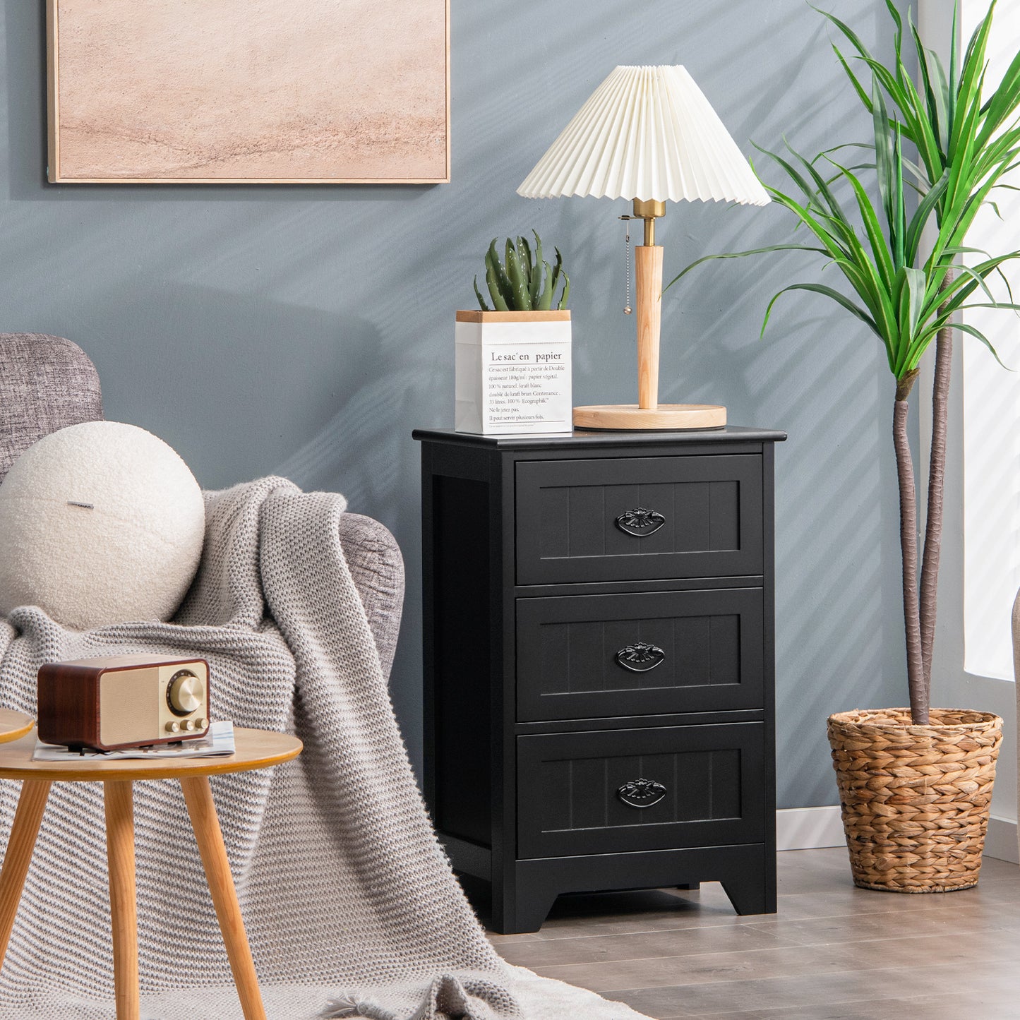 Farmhouse Nightstand with 3 Storage Drawers and Handles