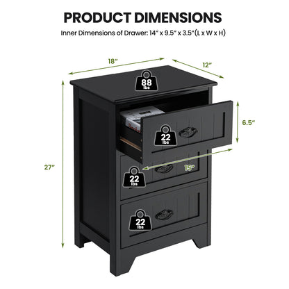 Farmhouse Nightstand with 3 Storage Drawers and Handles