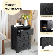 3 Drawers End Storage Wood Side Nightstand-Black