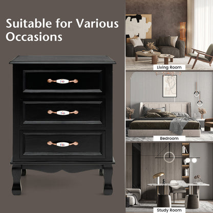 3 Drawers Nightstand with Solid Wood Legs for Living Room Bedroom-Black