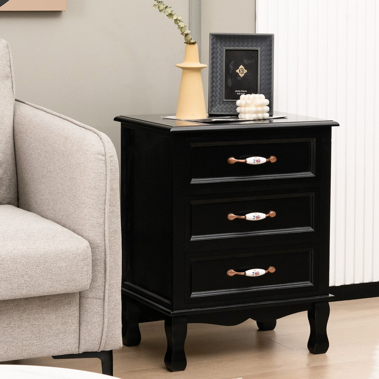 3 Drawers Nightstand with Solid Wood Legs for Living Room Bedroom-Black