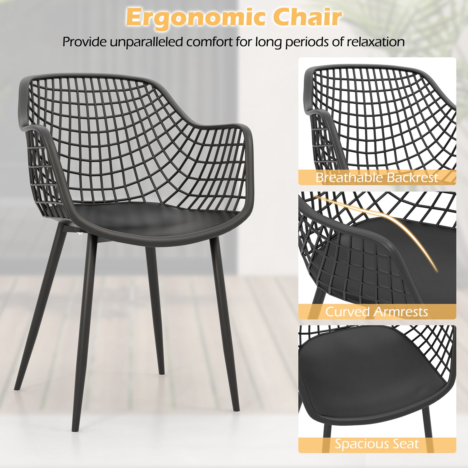 3 Piece Patio Chair Set with PP Seat and Tabletop for Porch-Black