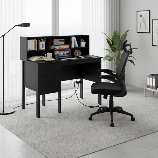 Black 48 inch Computer Desk and Ergonomic Mesh Office Chair Bundle for Home Office