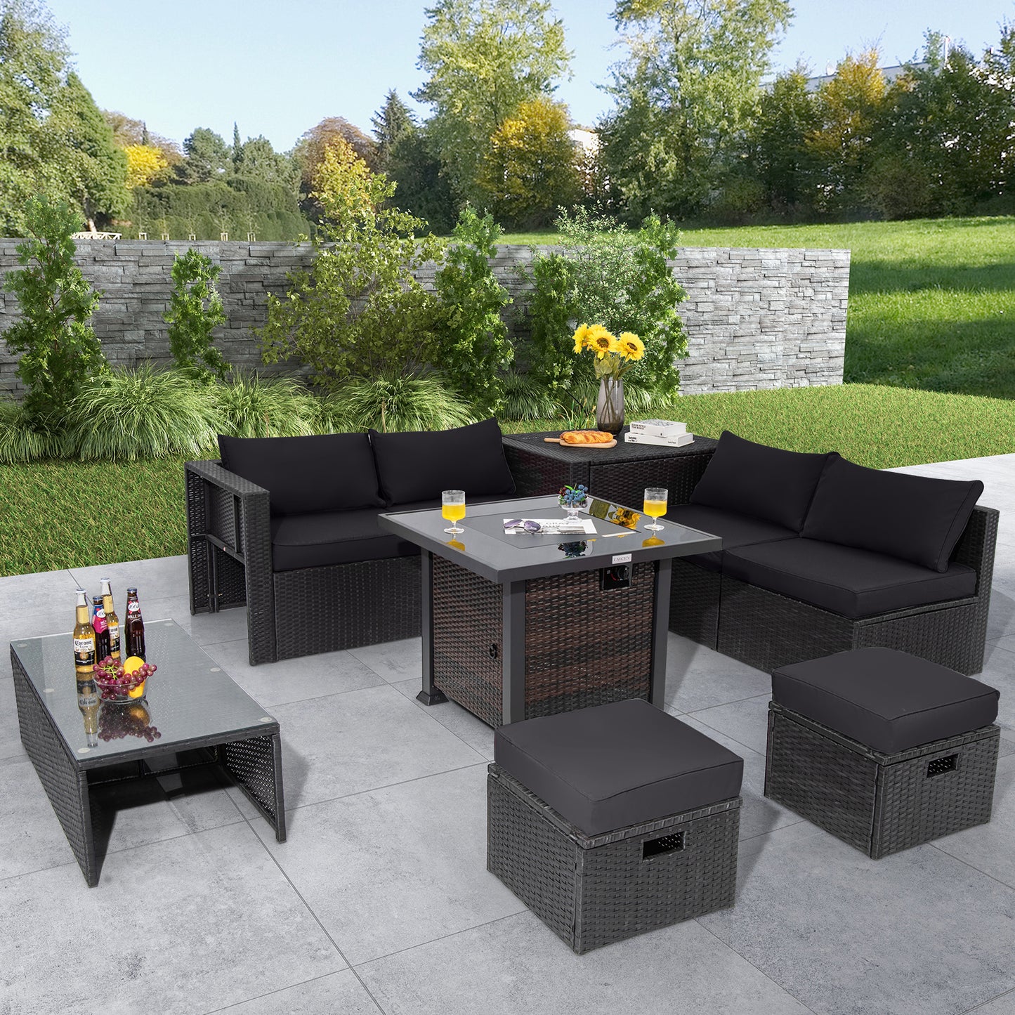 9 Pieces Patio Furniture Set with 32‚Äù Fire Pit Table and 50000 BTU Square Propane Fire Pit-Black