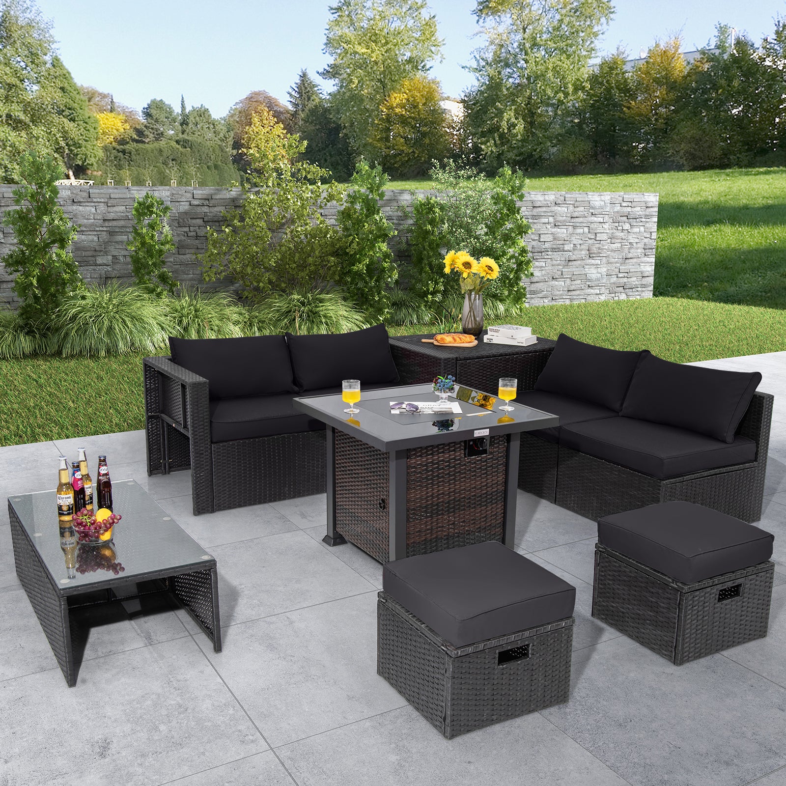 9 Pieces Patio Furniture Set with 32‚Äù Fire Pit Table and 50000 BTU Square Propane Fire Pit-Black