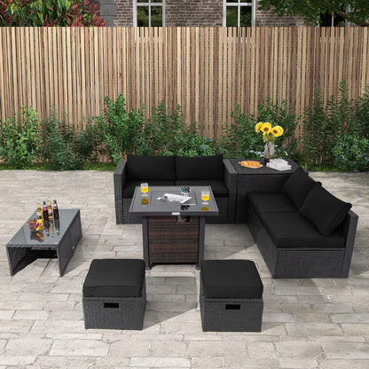 9 Pieces Patio Furniture Set with 32‚Äù Fire Pit Table and 50000 BTU Square Propane Fire Pit-Black