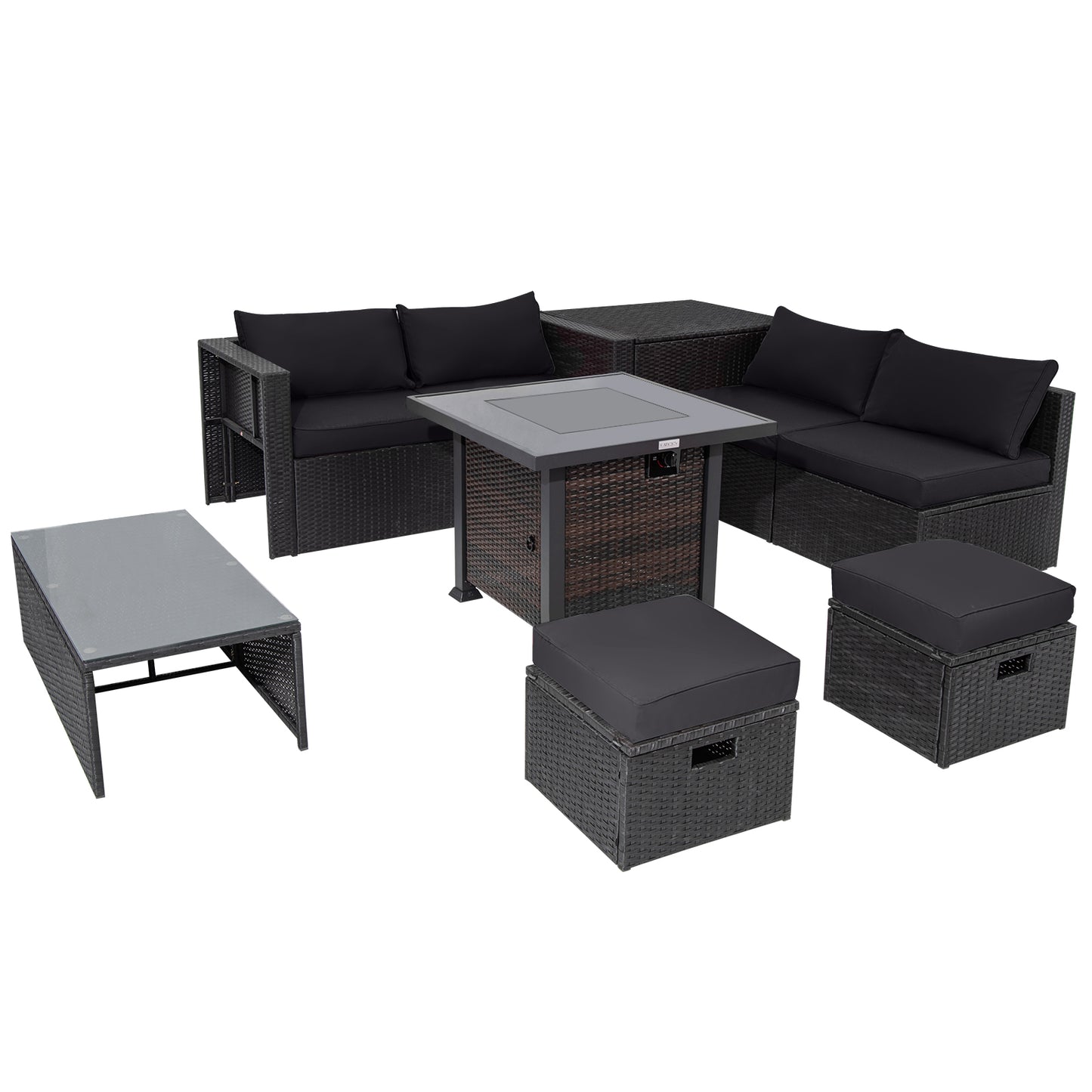 9 Pieces Patio Furniture Set with 32‚Äù Fire Pit Table and 50000 BTU Square Propane Fire Pit-Black