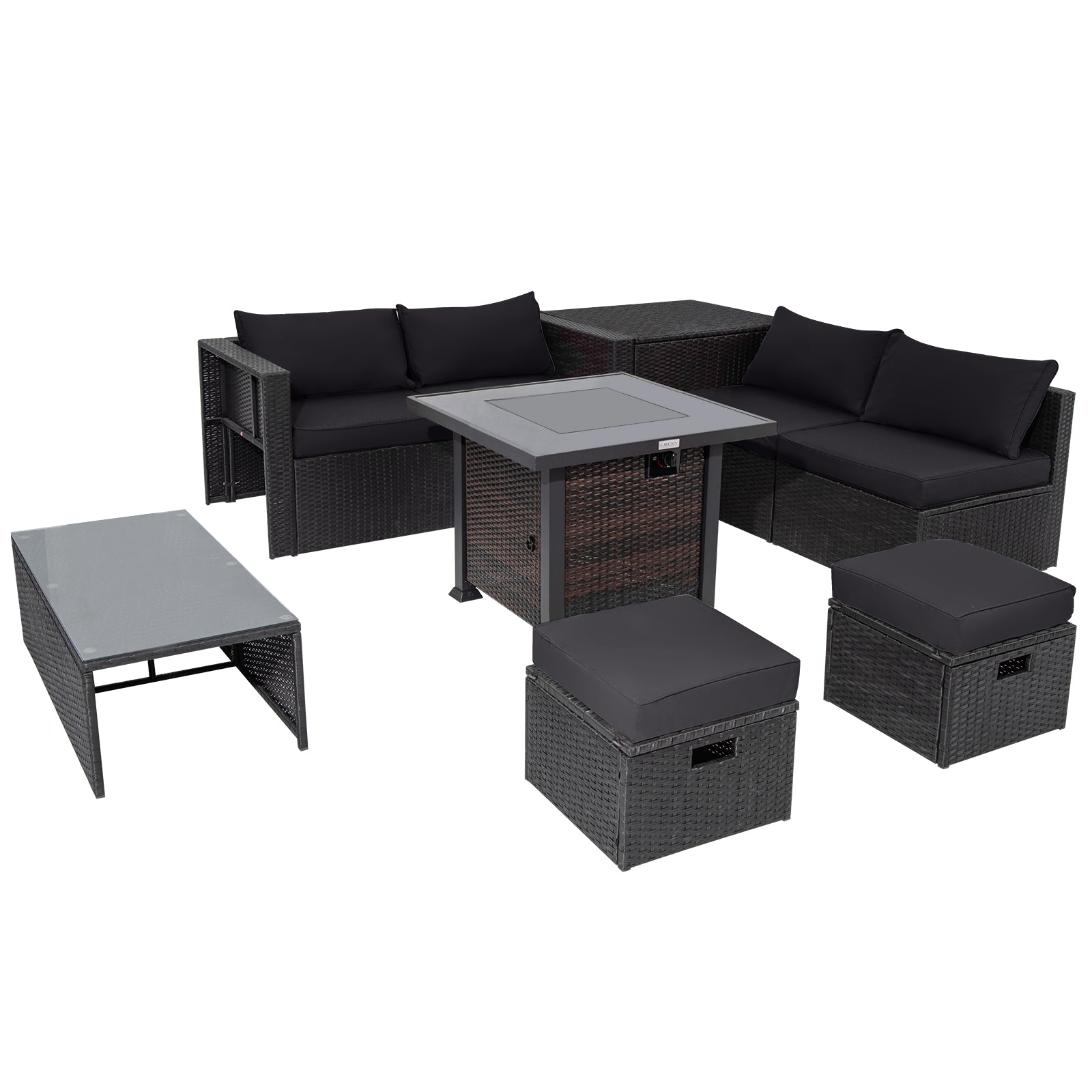 9 Pieces Patio Furniture Set with 32‚Äù Fire Pit Table and 50000 BTU Square Propane Fire Pit-Black