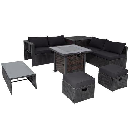 9 Pieces Patio Furniture Set with 32‚Äù Fire Pit Table and 50000 BTU Square Propane Fire Pit-Black